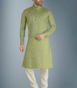 Green printed cotton silk kurta-pajama