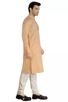 Orange printed cotton silk kurta-pajama