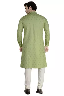 Green printed cotton silk kurta-pajama