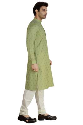 Green printed cotton silk kurta-pajama 4