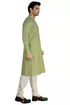 Green printed cotton silk kurta-pajama