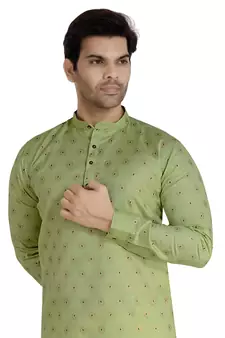 Green printed cotton silk kurta-pajama