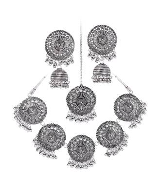 Silver Oxidised Circular Textured Necklace Set for Women ad Girls 1