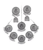 Silver Oxidised Circular Textured Necklace Set for Women ad Girls