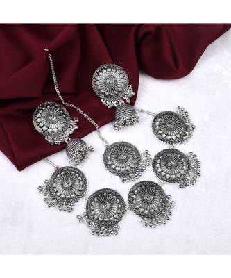 Silver Oxidised Circular Textured Necklace Set for Women ad Girls 2