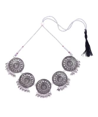 Silver Oxidised Circular Textured Necklace Set for Women ad Girls 3