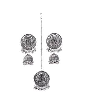 Silver Oxidised Circular Textured Necklace Set for Women ad Girls 4