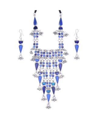 Blue Coloured Stone Studded Long Necklace Set for Women and Girls 1