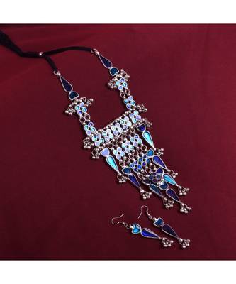 Blue Coloured Stone Studded Long Necklace Set for Women and Girls 2