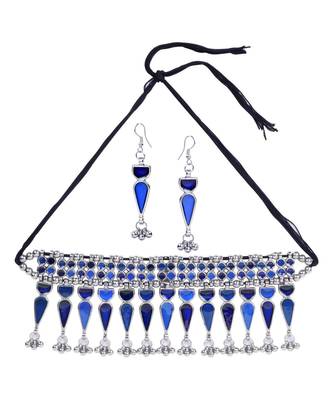 Blue Stone Studded Antique oxidised Choker Set for Women and Girls 1