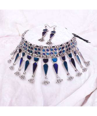 Blue Stone Studded Antique oxidised Choker Set for Women and Girls 2