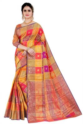 Multicolor woven banarasi silk saree with blouse 1