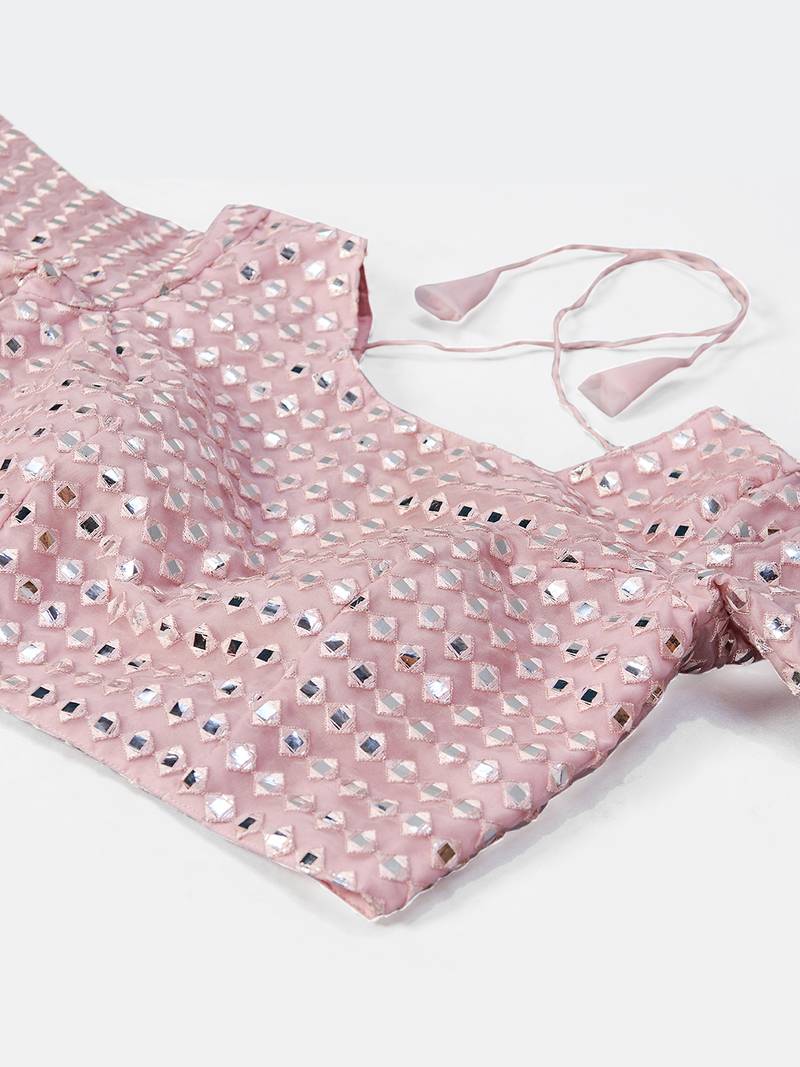 Baby pink Thread embroidered with Foil Mirror and Cut Work organza Semi Stitched Lehenga choli