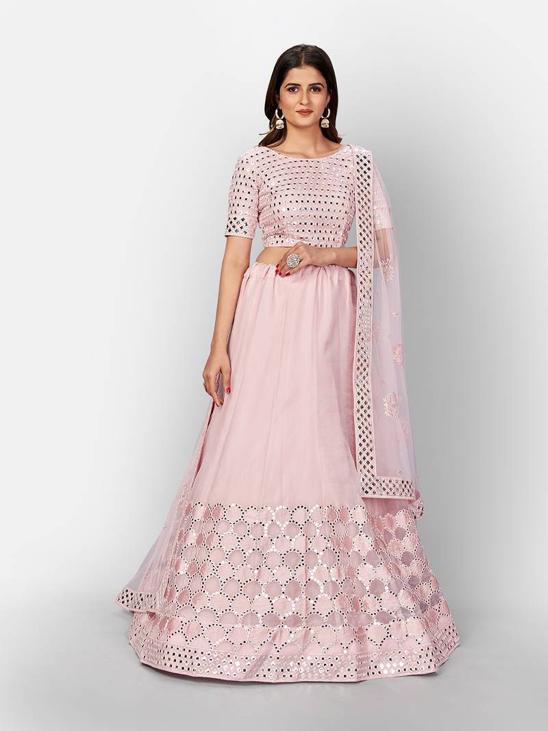 Baby pink Thread embroidered with Foil Mirror and Cut Work organza Semi Stitched Lehenga choli