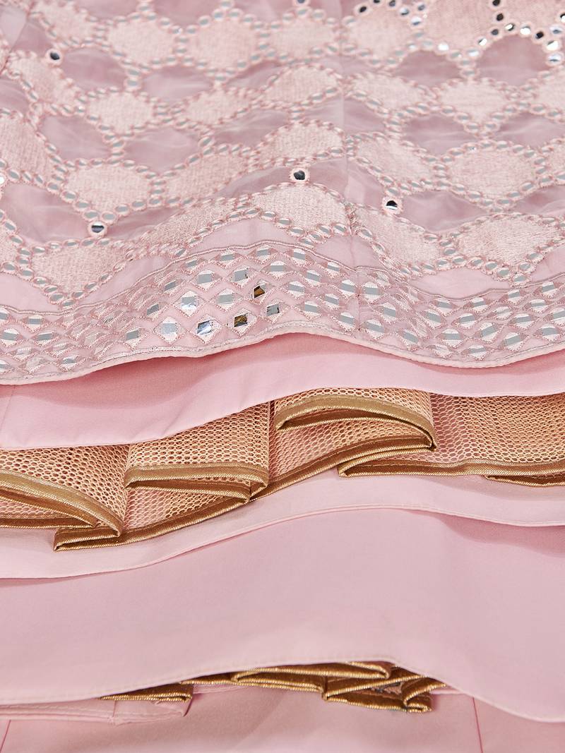 Baby pink Thread embroidered with Foil Mirror and Cut Work organza Semi Stitched Lehenga choli