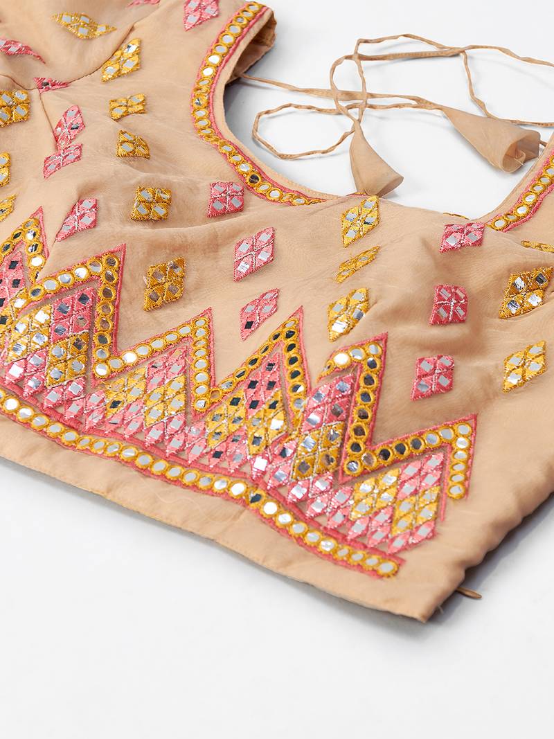 Beguiling Beige thread embroidered with Foil Mirror and Cut Work Organza Party wear Lehenga choli