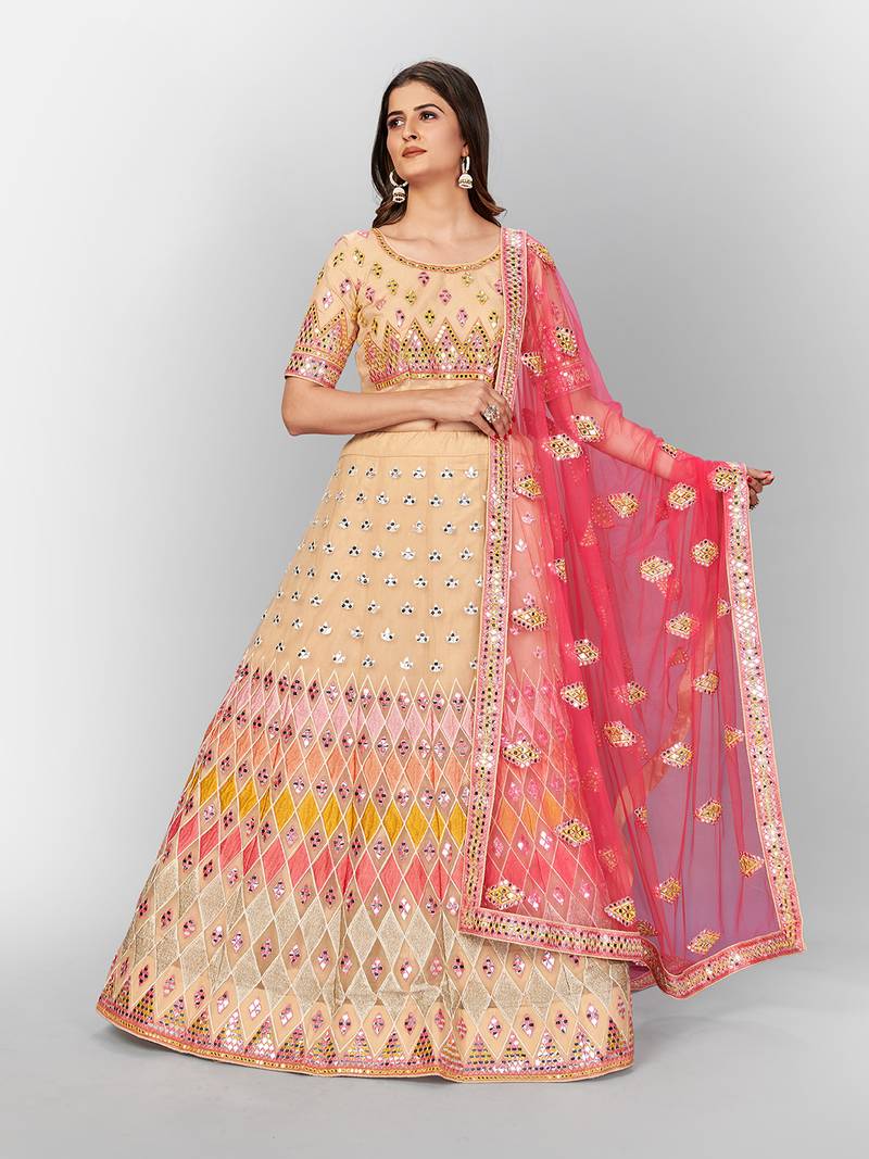 Beguiling Beige thread embroidered with Foil Mirror and Cut Work Organza Party wear Lehenga choli