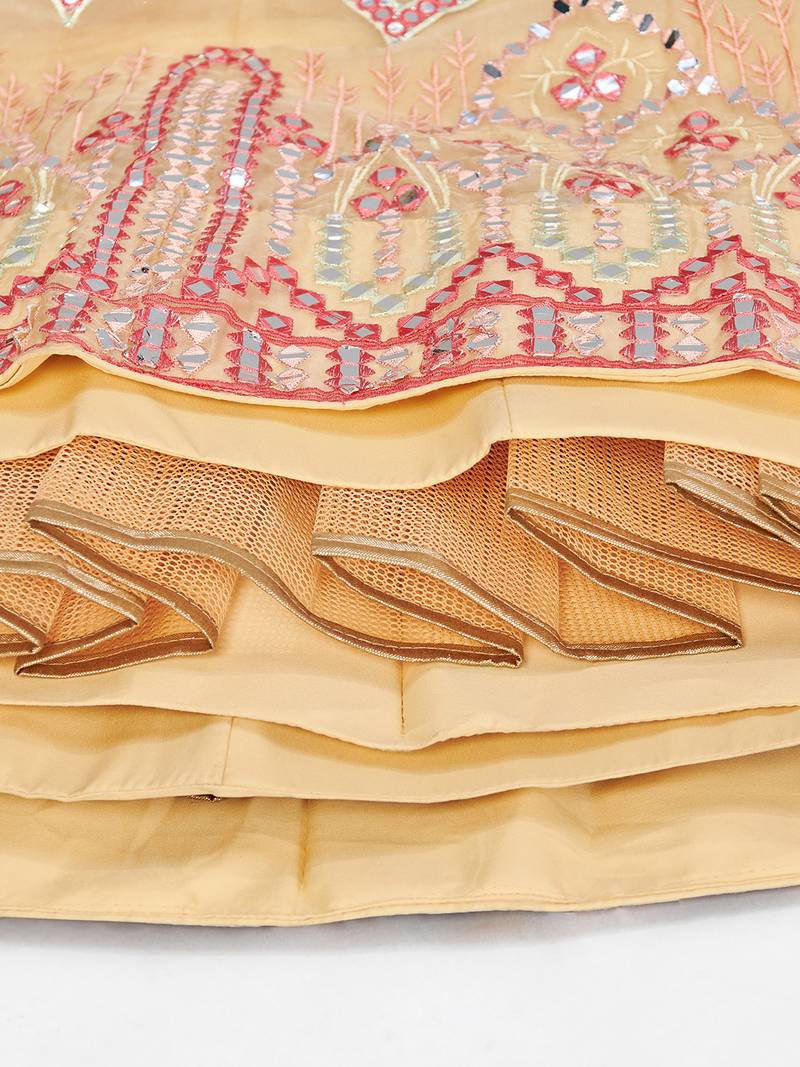 Gorgeous Light Yellow Thread Embroidered with Foil Mirror Organza Semi Stitched Ghagra choli