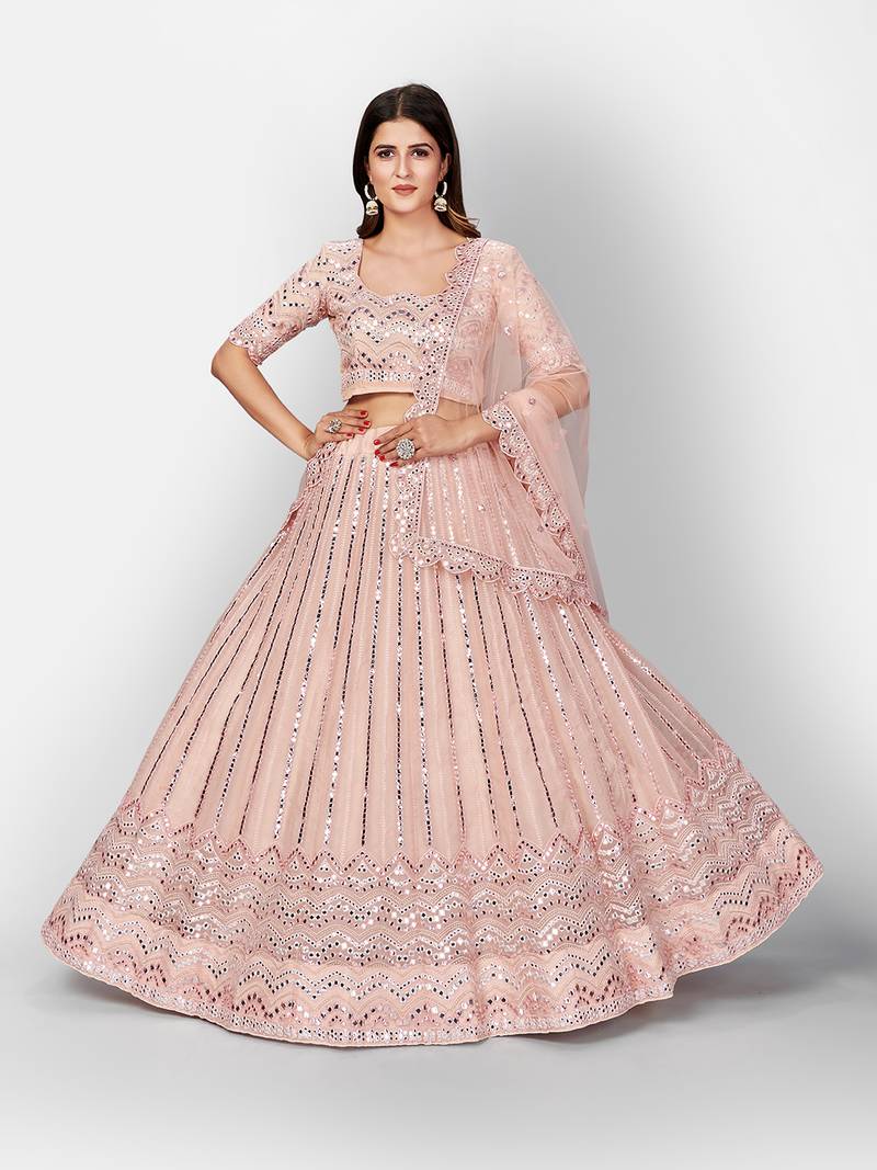 Phenomenal Peach Thread Embroidered Organza Semi Stitched Lehenga choli with dupatta
