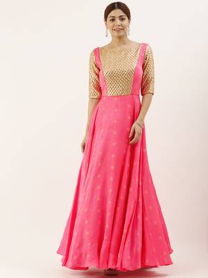 Pink Jacquard Art_Silk Stitched Zari_Woven Party-Wear-Gowns 1