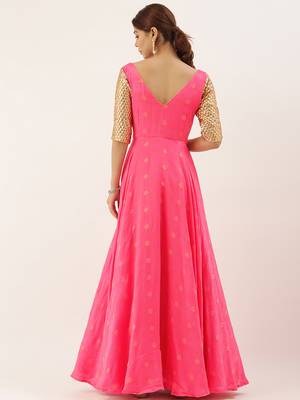 Pink Jacquard Art_Silk Stitched Zari_Woven Party-Wear-Gowns 2