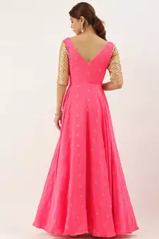 Pink Jacquard Art_Silk Stitched Zari_Woven Party-Wear-Gowns
