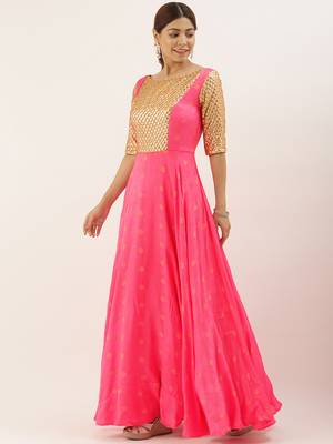 Pink Jacquard Art_Silk Stitched Zari_Woven Party-Wear-Gowns 3