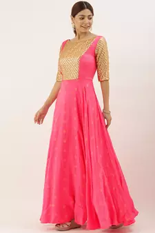Pink Jacquard Art_Silk Stitched Zari_Woven Party-Wear-Gowns