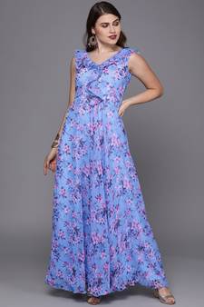 Blue Digital_Print Georgette Stitched Dots_Print Party-Wear-Gowns