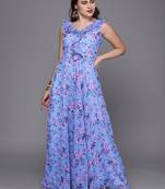 Blue Digital_Print Georgette Stitched Dots_Print Party-Wear-Gowns