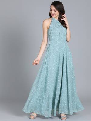 Blue Printed Georgette Stitched Dots_Print Party-Wear-Gowns 1