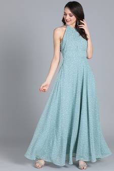 Blue Printed Georgette Stitched Dots_Print Party-Wear-Gowns