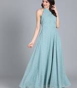 Blue Printed Georgette Stitched Dots_Print Party-Wear-Gowns