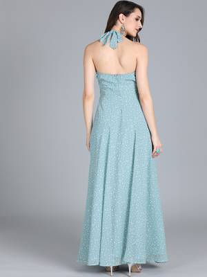 Blue Printed Georgette Stitched Dots_Print Party-Wear-Gowns 2