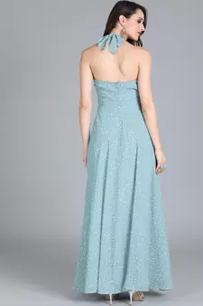 Blue Printed Georgette Stitched Dots_Print Party-Wear-Gowns