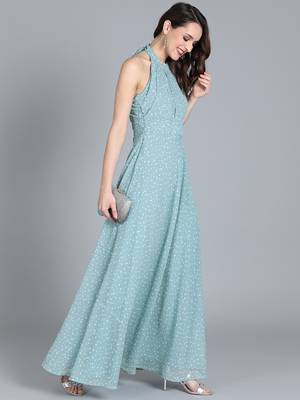 Blue Printed Georgette Stitched Dots_Print Party-Wear-Gowns 3