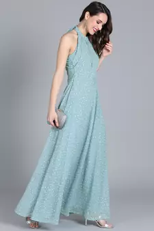 Blue Printed Georgette Stitched Dots_Print Party-Wear-Gowns
