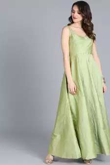 Green Printed Taffeta Stitched Dots_Print Party-Wear-Gowns