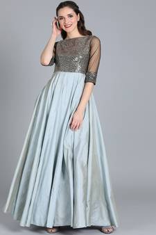 Grey Plain Art_Silk Stitched Phulkari Party-Wear-Gowns