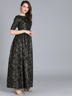 Black Printed Rayon Stitched Dots_Print Party-Wear-Gowns 3
