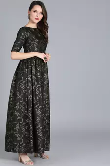 Black Printed Rayon Stitched Dots_Print Party-Wear-Gowns