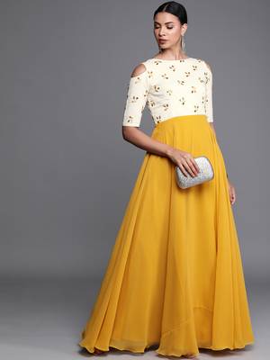 Yellow Embroidered Georgette Stitched Dori_Embroidery Party-Wear-Gowns 1