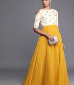 Yellow Embroidered Georgette Stitched Dori_Embroidery Party-Wear-Gowns