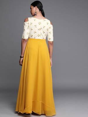 Yellow Embroidered Georgette Stitched Dori_Embroidery Party-Wear-Gowns 2