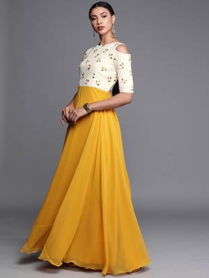 Yellow Embroidered Georgette Stitched Dori_Embroidery Party-Wear-Gowns 3