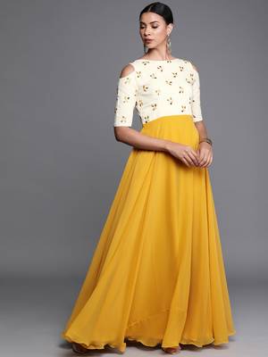 Yellow Embroidered Georgette Stitched Dori_Embroidery Party-Wear-Gowns 4