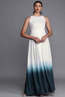 Blue Printed Satin Stitched Dots_Print Party-Wear-Gowns