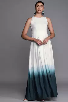 Blue Printed Satin Stitched Dots_Print Party-Wear-Gowns