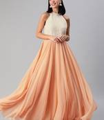 Peach Embroidered Georgette Stitched Dori_Embroidery Party-Wear-Gowns