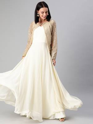Off-White Sequins Georgette Stitched Sequins_Work Party-Wear-Gowns 1